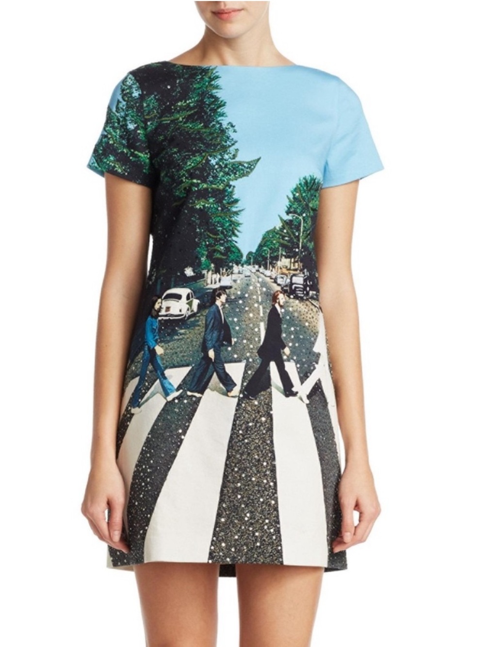 Alice + Olivia x The Beatles Abbey Road Print Mini Dress Embellished Sequin 8